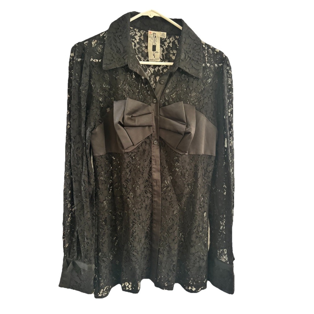 Twelve by Twelve LA Black Lace Button Up Top Sheer Sz Large Goth Sayin Bow Accen